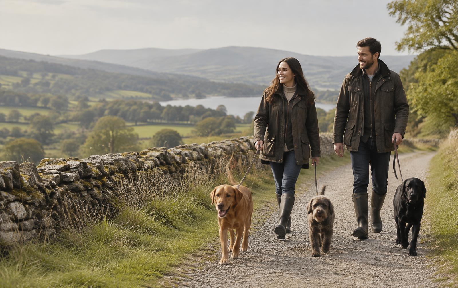 Two people walking their dogs along a dry-stone wall in the British countryside